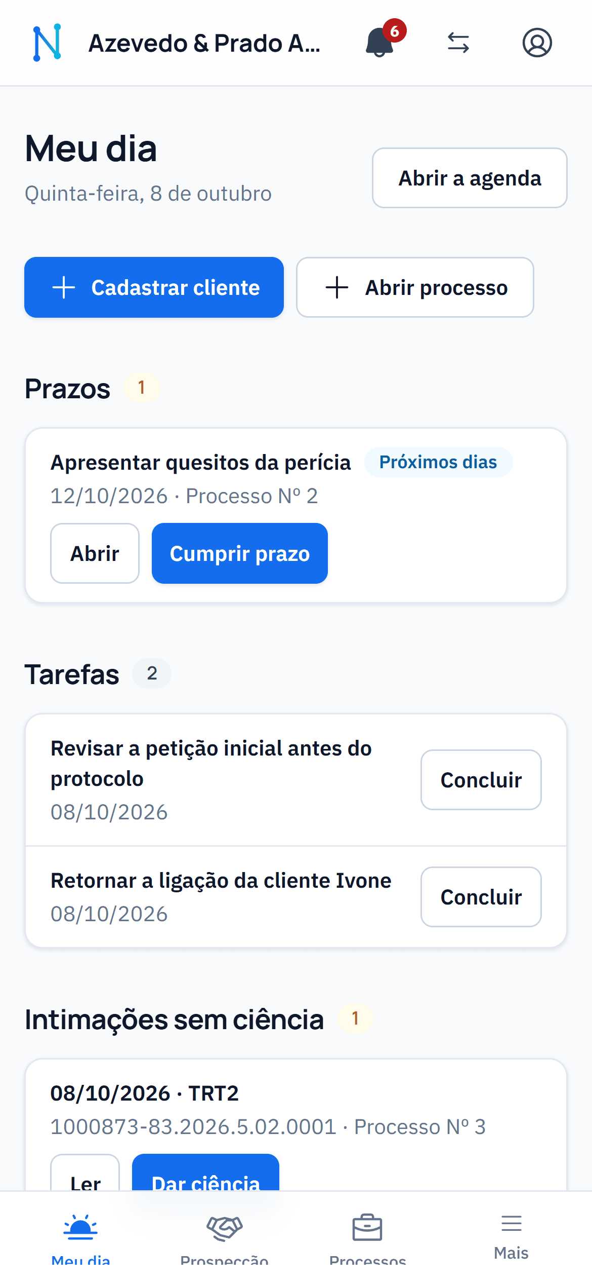 Meu dia no celular do advogado: prazos, tarefas e intimações sem ciência.